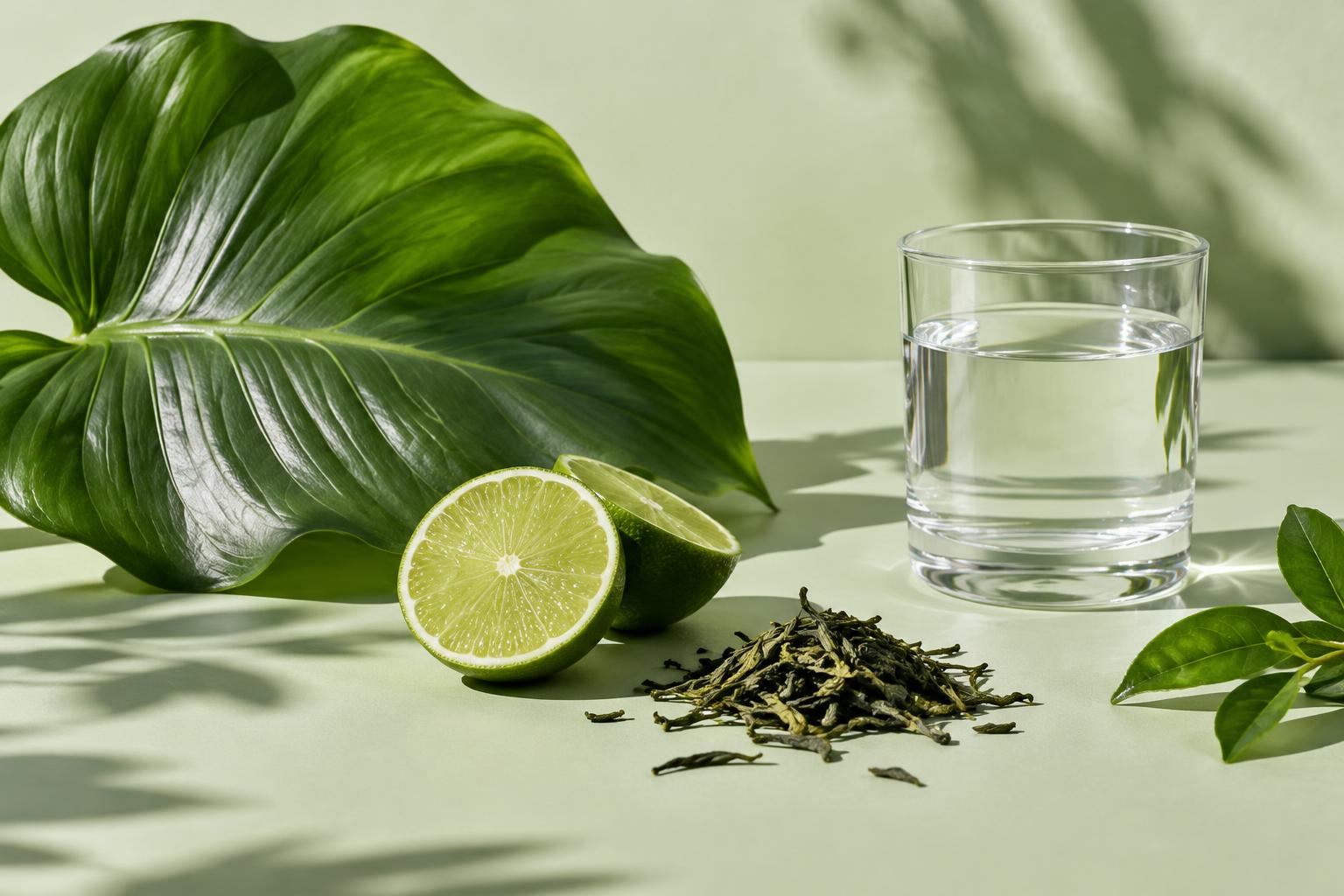 Folha verde, chá e água em uma composição botânica ilustrativa